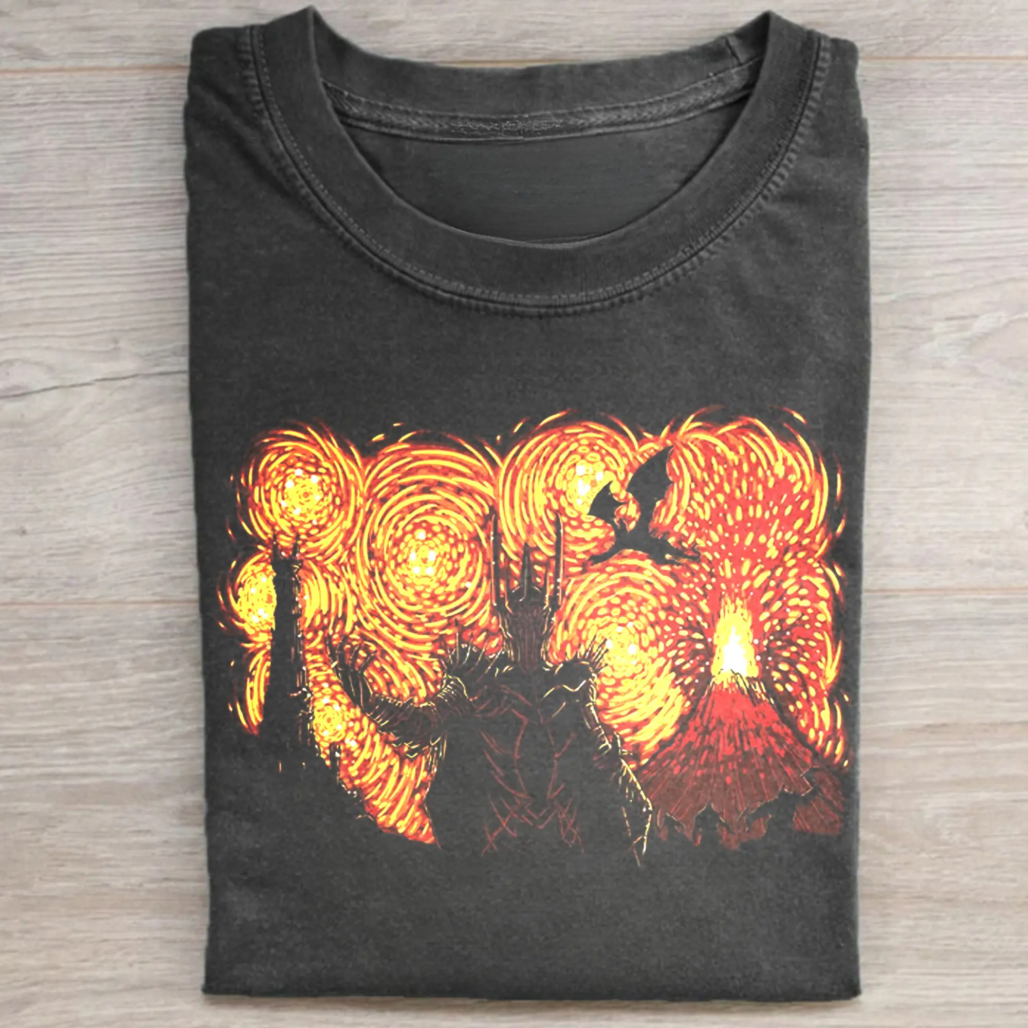 Gildan Men's Casual Short-Sleeve Round Neck Tshirt - Lord of the Rings Vintage Sauron Mordor Starry Night Parody Graphic, Middle Earth Iconic Movie Scenes, J.R.R. Tolkien Book Lover Streetwear Menswear Clothes Top, Shortsleeve