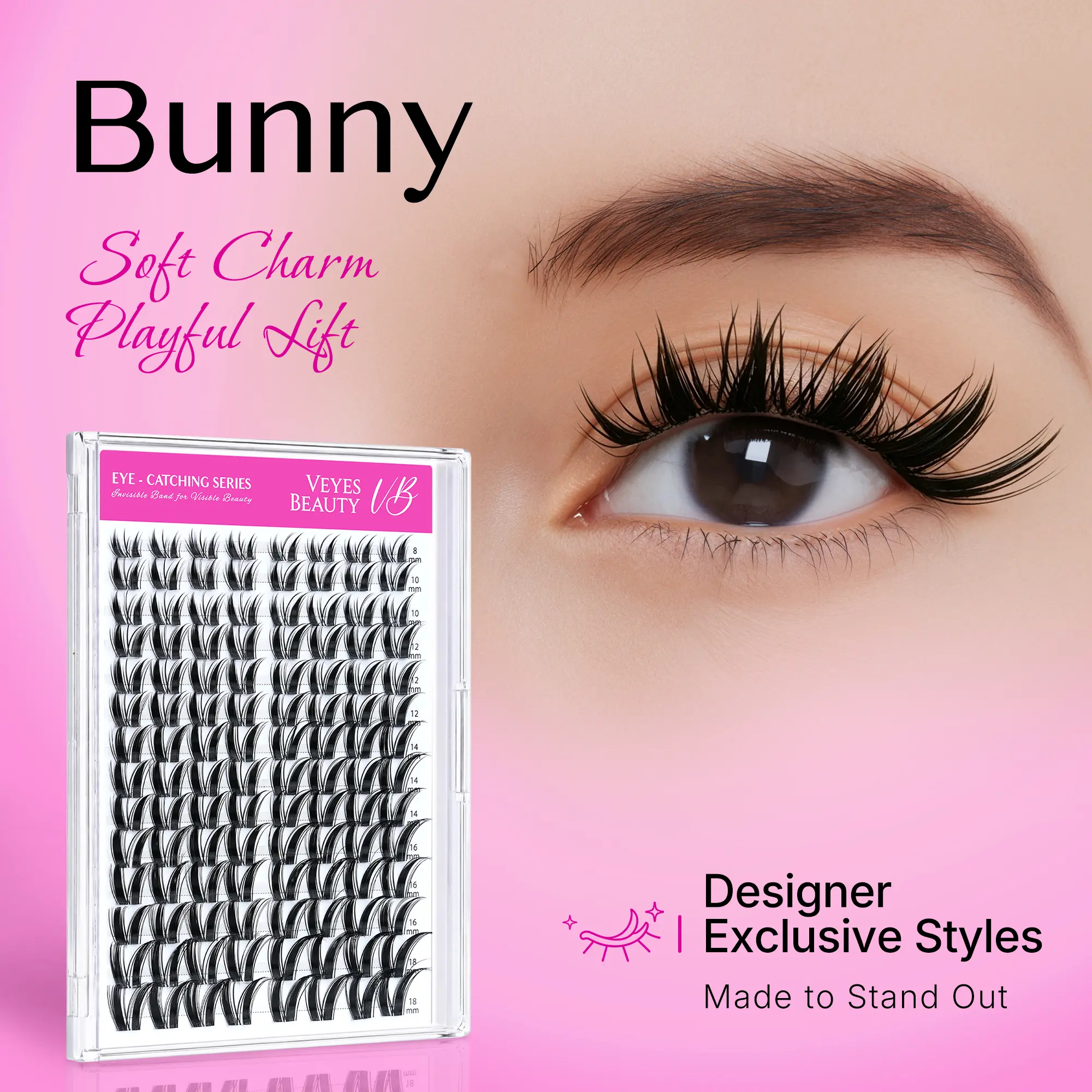 VEYESBEAUTY VB-Bunny Eyelash Clusters Bundle, At-Home DIY Lashes Kit with Ultra-Thin Band & Mixed Lengths, Natural Wispy False Eyelashes & Adhesives for Cosmetic Use