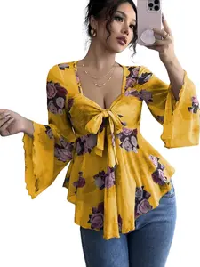 Women's New Design Floral Blouse, French Sweet Dye Bow Square Neck Long Sleeve Shirt, Perfect for Daily Wear