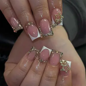24Pcs French Short Square White Reusable False Nail Tips with Rhinestone Star Chain Nude Pink Acrylic Lovely Nails Fashion Set