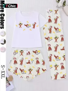 Curious George Women's Sleepwear Set, Loungewear, Short Sleeve & Long Shorts, Fitted, Comfortable Home Wear, Three-Piece Pajama Suit, Pjs