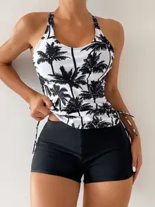 Women's Coconut Tree Print Tankini Swimwear Set, Casual Sleeveless Swim Top & Swim Shorts, Ladies Swimsuit for Beach Holiday Vacation