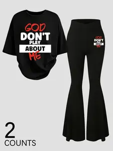 Women's Casual 2-Piece Outfit: Oversized Short Graphic Tee & High-Waisted Flared Pants, Bold Statement "God Don't Play About Me" Design, Soft Fabric, Ideal for Streetwear & Hangouts (Young Women/girl )