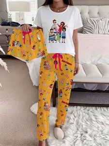 Bob's Burgers Three-Piece Sleepwear Set for Women, Loungewear, Short Sleeve Top & Long Shorts, Comfortable Home Wear Suit
