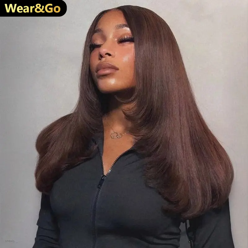 [Upgraded Drawstring] OQ HAIR #4 Chocolate Brown Color Layered Cut 7x5 Wear Go Wig Straight Lace Front Glueless Wig With Adjustable Drawstring Human Hair Pre Plucked Natural Hairline