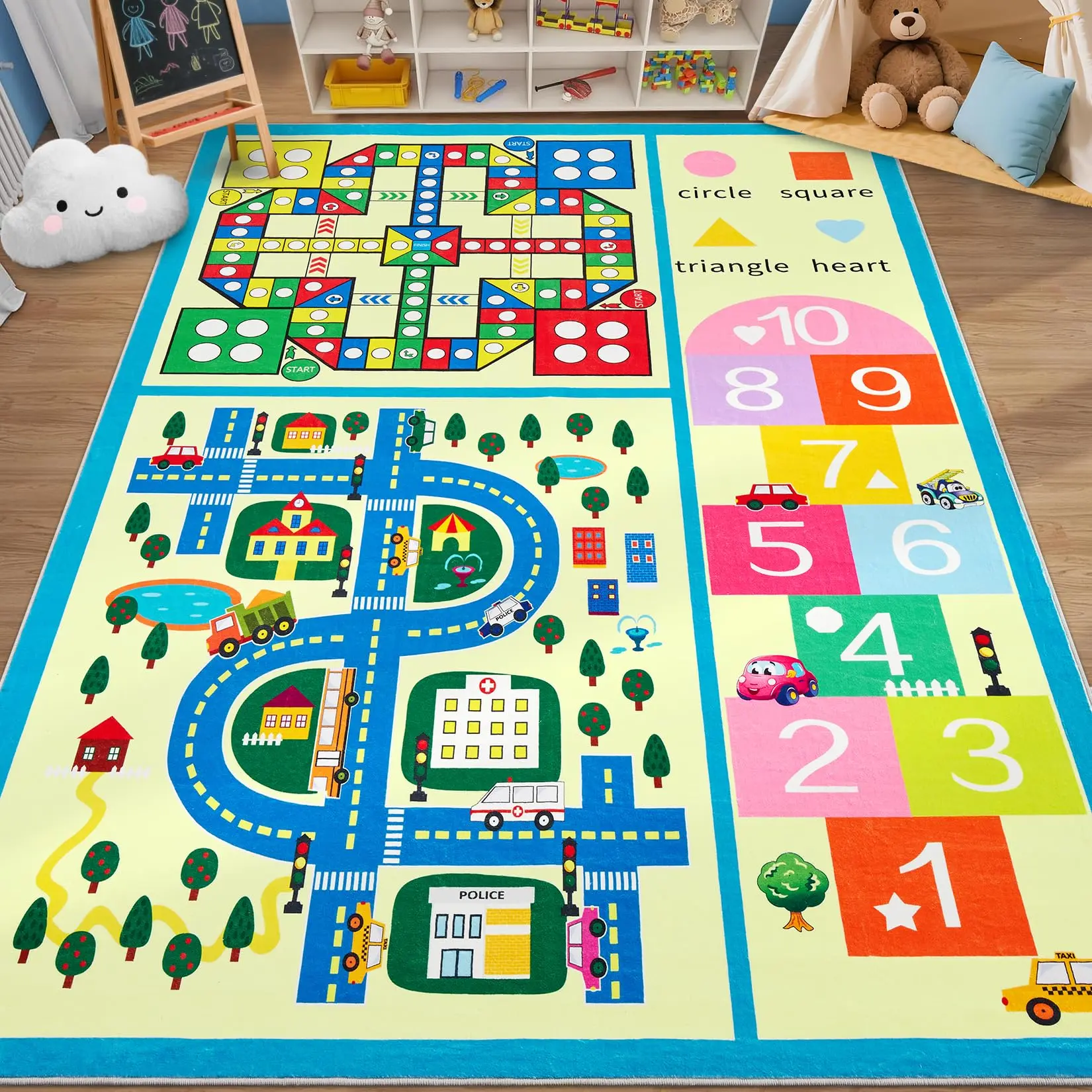 GARVEE Washable 4x6 Playroom Rug - Ultra-Soft, Non-Slip Educational Carpet Featuring City Road Design with Colors, Shapes & Numbers for Nursery and Bedroom Use