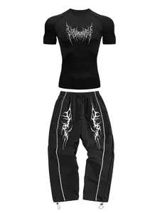 Men's Y2K Gothic Tribal Print 2-Piece Tracksuit, Compression Top & Drawstring Track Pants, Streetwear Athletic Outfit