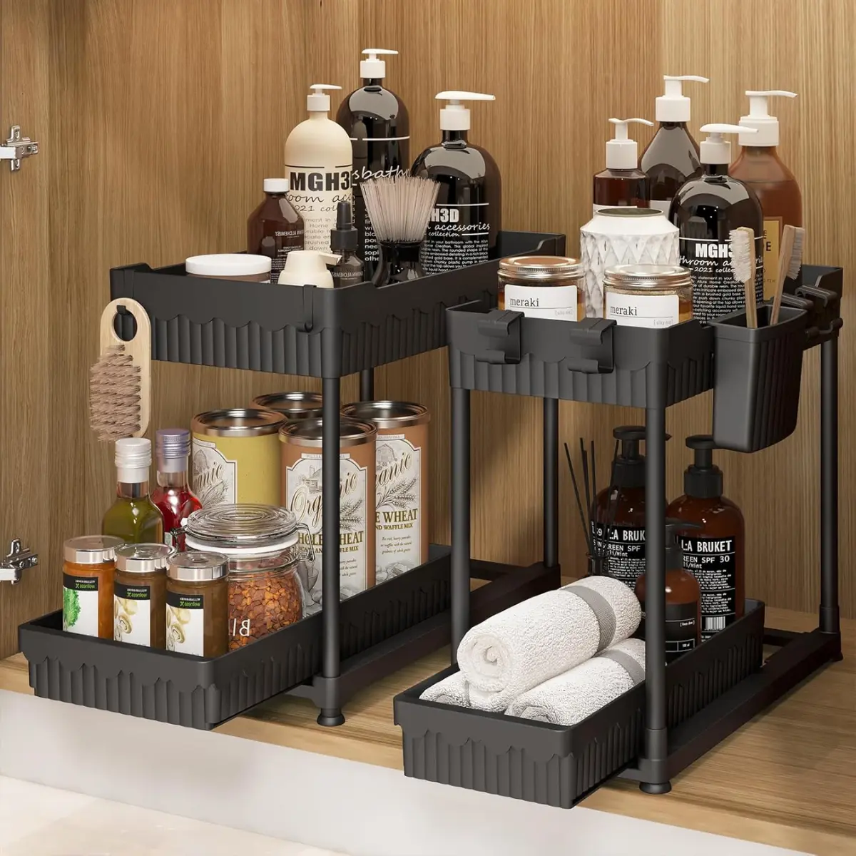 Under Sink Organizer 2-Pack, Metal Pull-Out Kitchen Rack Shelf with Sliding Drawer, Integrated Storage Indoor Metal Shelf for Home Decor Organiser, Household Items, 40Lb Load Capacity Easy Install