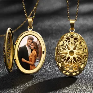 Mirror-polished stainless steel hollowed-out six-pointed star oval photo frame box commemorative necklace pendant