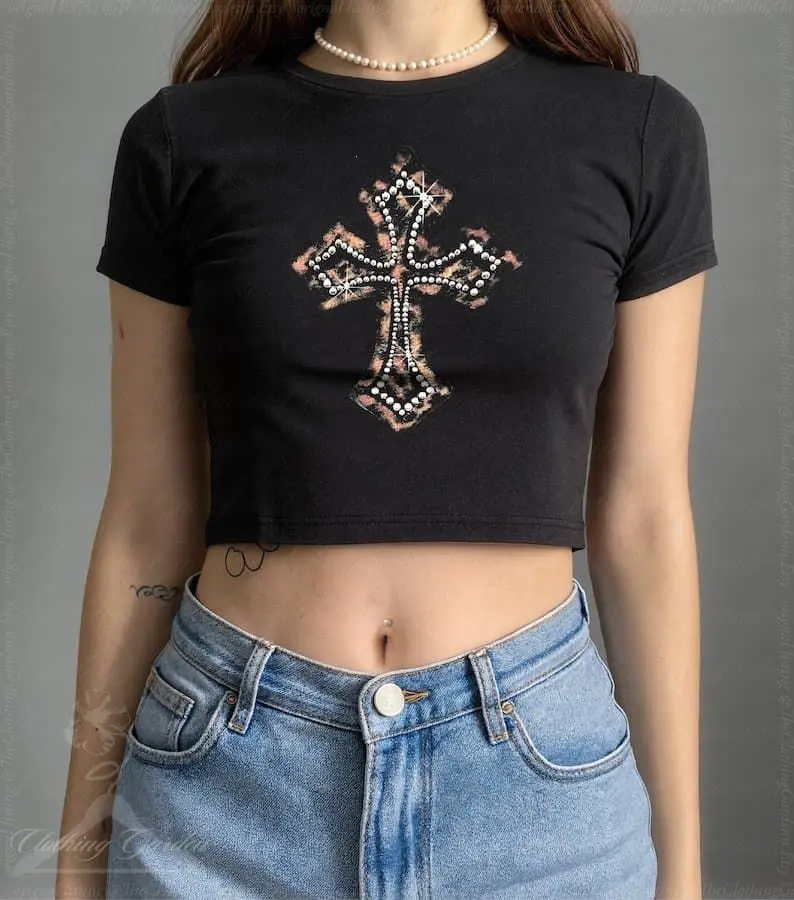 Cheetah Cross Baby Tee, Y2K 2000s Crop Top for Women, Vintage Style Rhinestone Bling Cross Fitted Shirt, Indie Sleaze Crop Top