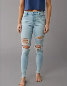 Premium High Waist Ripped Jeans - Blue, Distressed Look, Suitable for Women, Bottoms - Womenswear