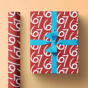 67 Meme Christmas Wrapping Paper Roll, Funny Gift Wrap for Holidays with Red Background and Christmas Light Illustrations, Goofy 6-7 Paper