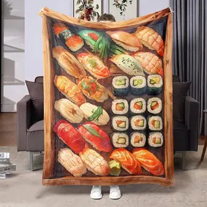 Wooden Box Sushi Rice Ball Platter Printed Food Blanket Best Gift for Sushi Lovers Soft Comfortable Throw, Suitable for Sofa Bed Travel Living Room And Home Decor Cozy Lightweight Warm Fluffy Plush Blanket, Unisex