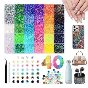 40,000 15/40 color resin jelly rhinestones, colored resin jelly rhinestones; 3mm flat-bottomed sparkling gems, suitable for diamond painting. Includes adhesive tools, can be used to create colorful nail art, cosmetics, crafts, books, shoes, etc.