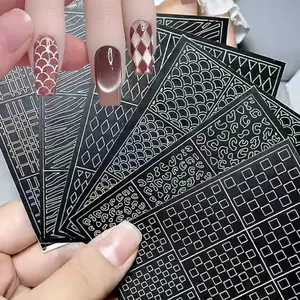Nail Hollowing Sticker Set, 7 Counts/set Nail Pattern Hollowing Template with Tweezers, Line Grid Leopard Design, Make Nail/Salon Easier, Nail Art Sheet