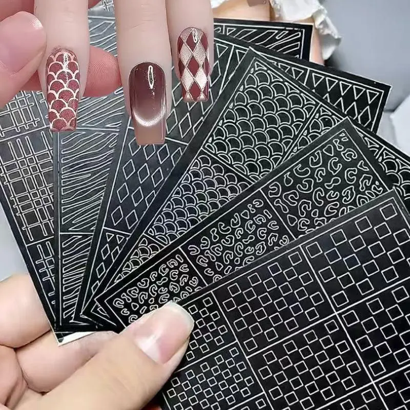 Nail Hollowing Sticker Set, 7 Counts/set Nail Pattern Hollowing Template with Tweezers, Line Grid Leopard Design, Make Nail/Salon Easier, Nail Art Sheet, Nail Art Tool, Nail Art Accessories, Nail Art Supplies