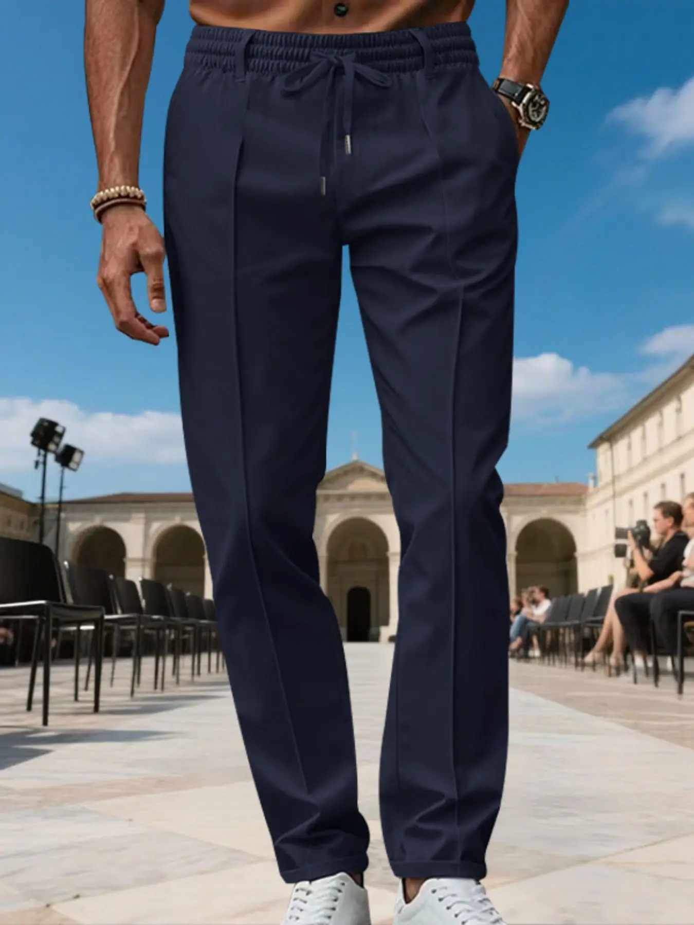 Men's Solid Color Casual Dress Pants, Lightweight Wrinkle-Resistant Chino Trousers with Elastic Drawstring Waist and Pleated Straight Leg for Business Casual, Office and Daily Wear