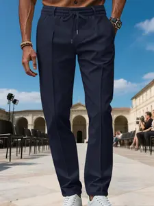 Men's All-Seasons Outfits Solid Color Casual Dress Pants, Elastic Drawstring Waist, Wrinkle-Resistant Fabric, Straight Leg, Pleated Front, Lightweight Chino Trousers for Business Casual, Office & Daily Wear