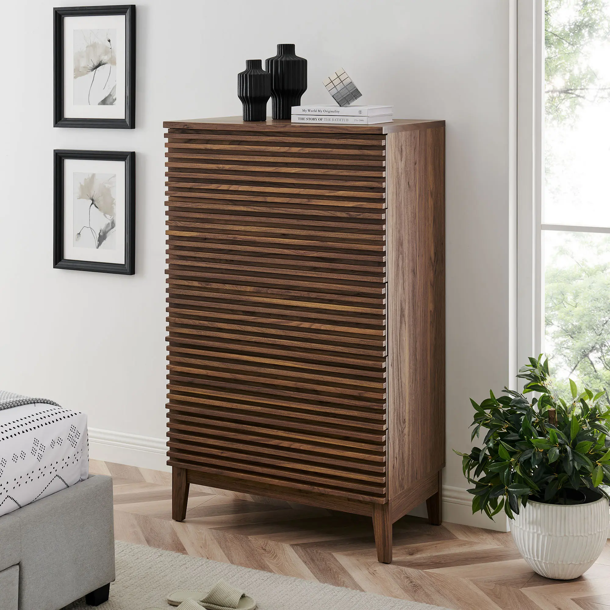 5-Drawer Chest Dresser - Render Design, Walnut Finish, Fluted Front, Wooden Storage Cabinet for Indoor Use, Assembly Required