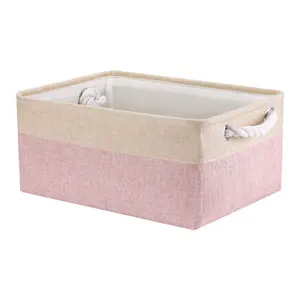 REGALWOVEN Collapsible Storage Basket Bin with Handle, Fabric Storage Cube for Shelves Closet Organizing Clothes Books 14.2*10.2*6.3in Pink/Beige