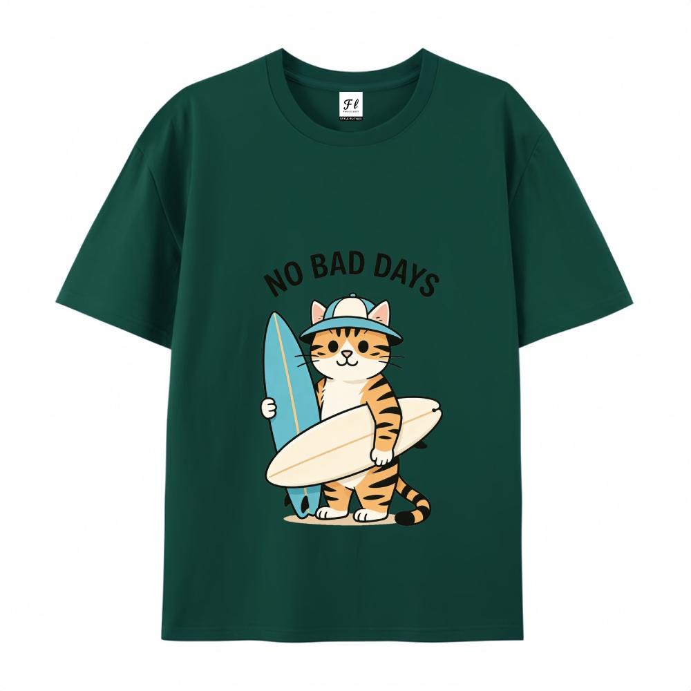 No Bad Days Surfing Cat Graphic Print Tee Oversized Short Sleeve Unisex T-Shirt with Cartoon Pattern and Drop Shoulder Design Crewneck Top Menswear