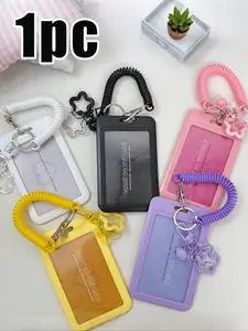Bell Star Hanging Card Holder, ID Badge Holder, Stretchable Plastic Spring Keychain, Cute Practical for Bus, Campus, ID, Credit Card, 5 Colors Available
