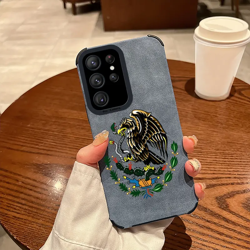 Mexican Golden Eagle Badge Flag Design Full-coverage premium leather Phone Case for Galaxy S25 S24 S23 S22  A71 A56 A55 A54 A53 A52 iPhone 17Pro Max Air 16 15Plus 14 13 12 11 XR XS Shockproof and drop-proof military-grade protective case.NN120S, S