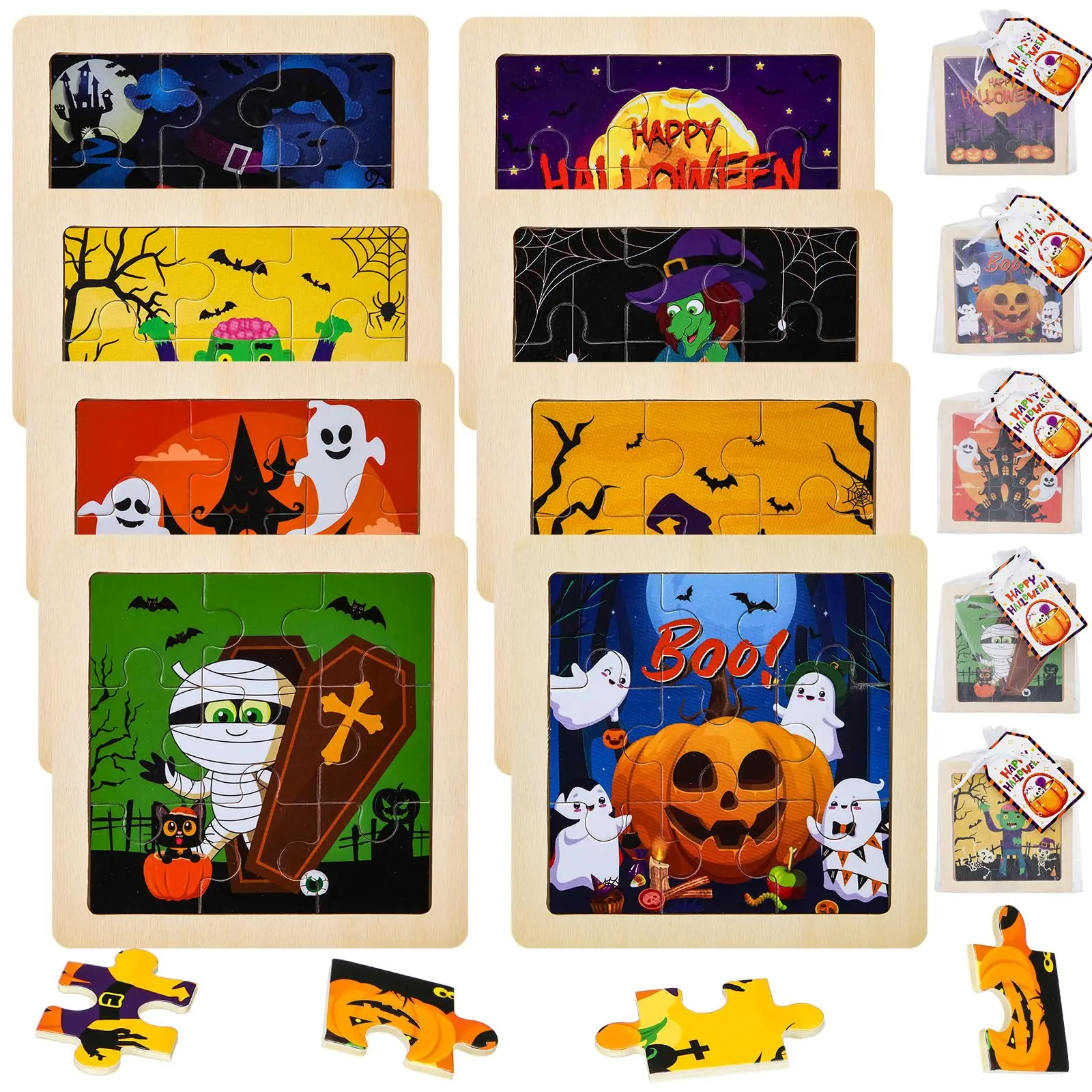 24 PCS Halloween Wooden Puzzle Kit with Halloween Cards & White Gift Bags, Halloween Jigsaw Puzzles for Boys and Girls, Educational Learning Activity Set for Halloween Party Favor Goody Bag Fillers Trick Or Treat Classroom DIY Crafts Novelty Gifts