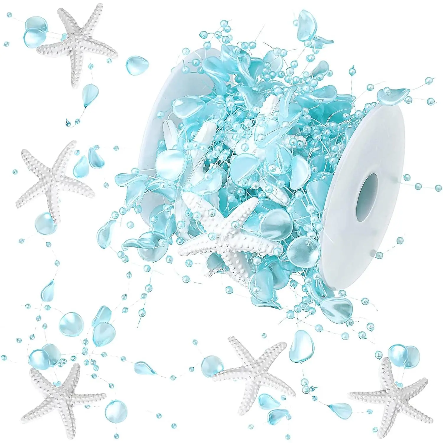 16 ft Blue Ocean-Themed Beaded Garland with Starfish & Shell Ornaments, Coastal Home Decoration for Mantle Fireplace, Indoor Outdoor Decorative Party Decoration Supplies