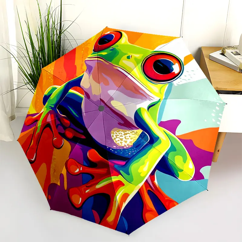 1 PC Automatic Folding Umbrella - Colorful Frog Artwork Pattern, Portable & Foldable Design with 8 Ribs, Merry Christmas Pattern,Casual Outdoor Accessory Halloween and Christmas Birthday Gifts. B0027
