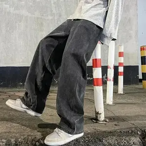 2025 New Streetwear Loose Jeans Men Korean Style Fashion Loose Straight Wide Leg Pants Men's Brand Clothing Black Light Blue Grey Pocket