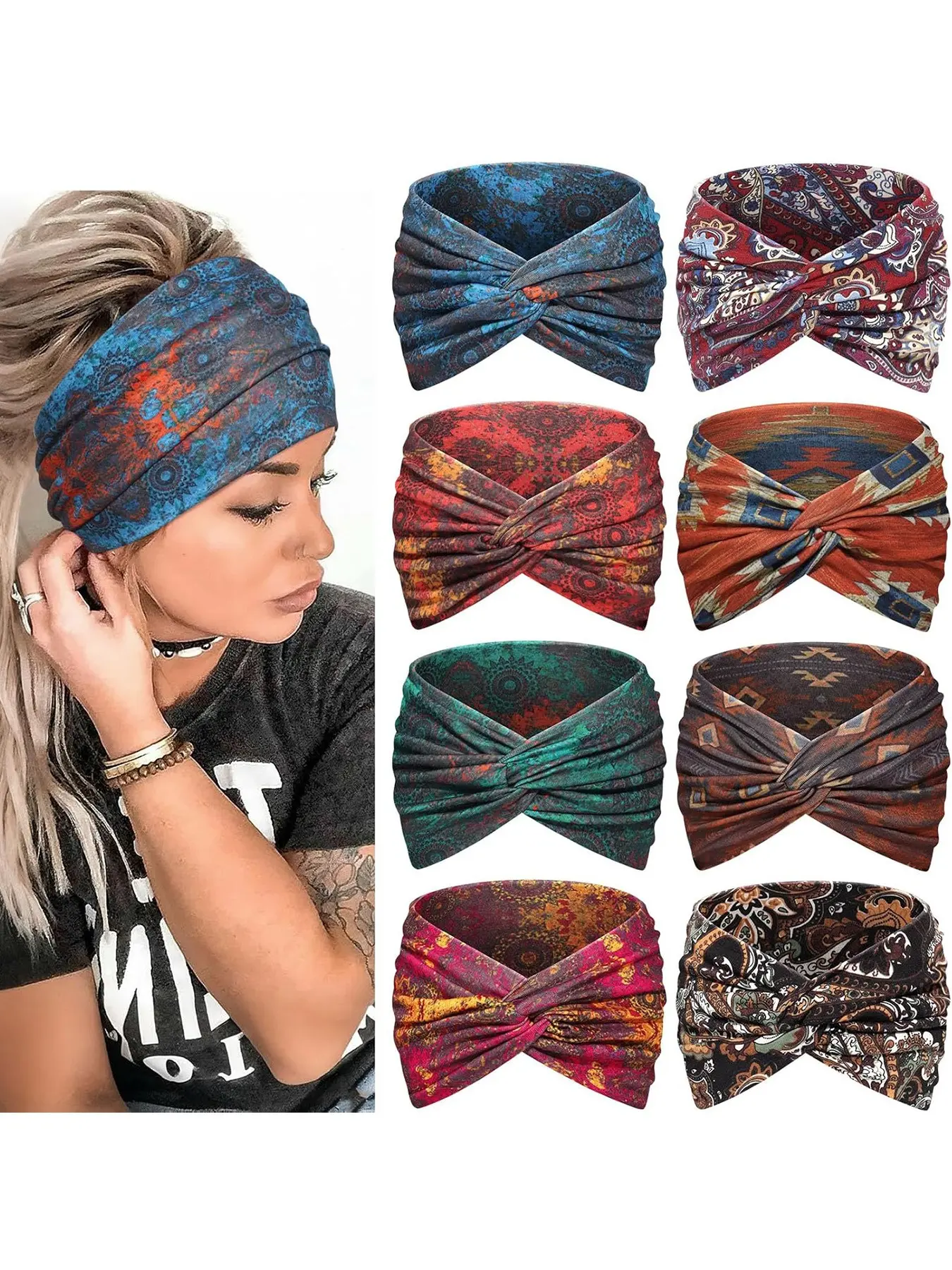 8pcs Bohemian ethnic style women's printed sports headband, fashionable high elasticity anti slip yoga fitness running, sweat absorbing headband, women's pleated headband, retro ethnic style elastic headband, Non Slip Headband, Sport Headbands