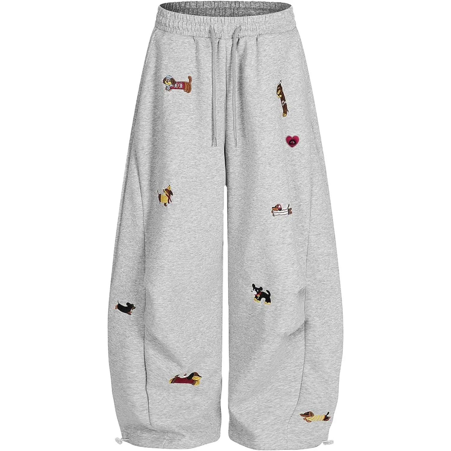 Lazy Fun Dachshund Embroidery Curved Sweatpants for Men and Women, Loose Casual Sports Pants, Couple Wide-Leg Trousers for Autumn