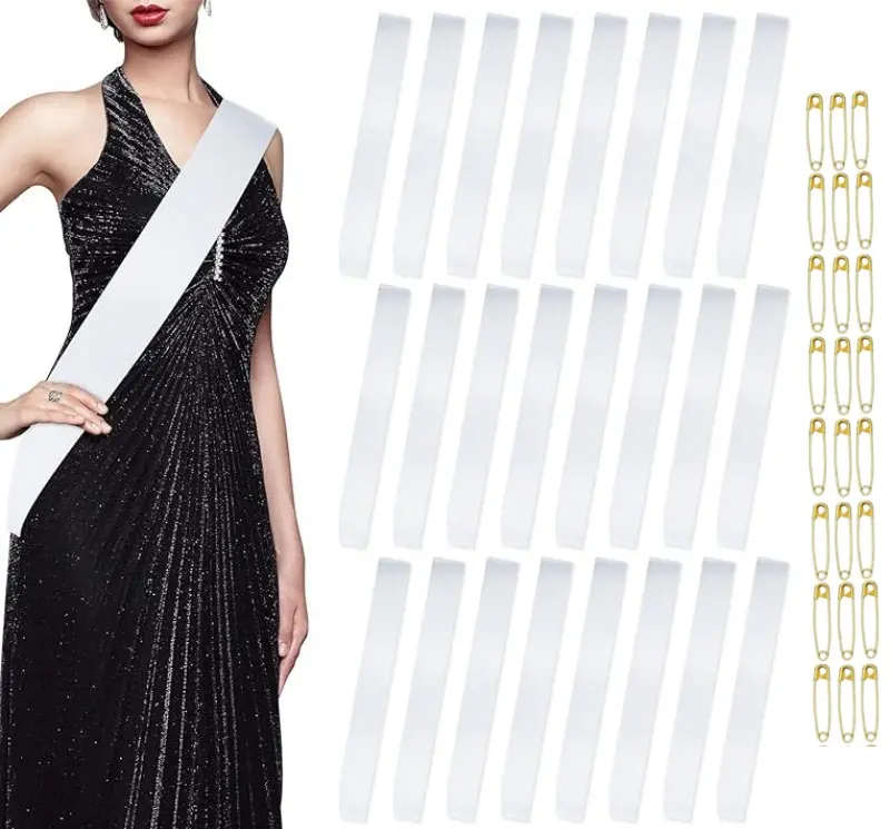 25pcs white blank ribbons and 25 pins graduation season handmade DIY pattern birthday belt for beauty pageants decoration graduation dress women's school anniversary return to alma mater ribbon