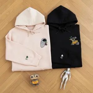 Wall E And Eve Matching Embroidered ( Message Us For Custom Name ) Hoodie Set – Playful Trouble & Trouble Heart Couple Sweatshirts, Funny His And Hers Matching Outfit, Cute Best Friend Or Partner Gift With Minimal Embroidery