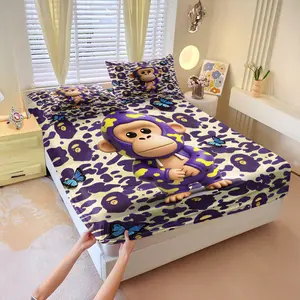 Vivid Purple Camo Fitted Sheet Set,Iconic Ape Face Printed Bed Sheet Set,Includes 1 Fitted Sheet and 2 Pillowcases,Cute Monkey Accent & Dainty Blue Butterflies,Deep Pocket Design Fits Most Mattresses,for Chic Home & Dorm Styling