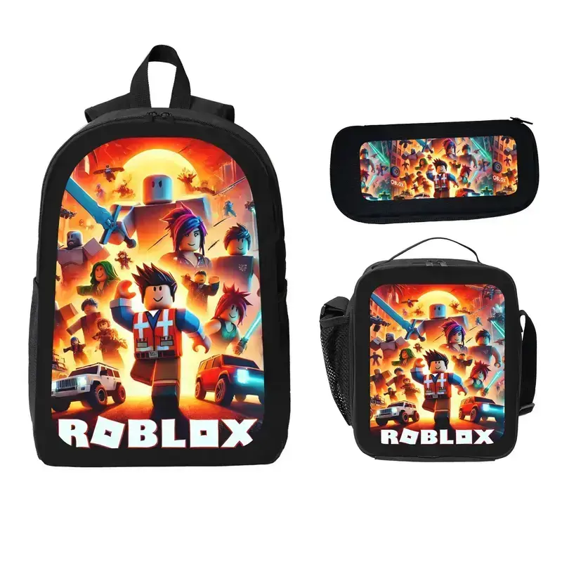 Roblox Gamer 3-Piece Classic Printed Backpack Set for Kids, Cool Video Game School Bookbag with Lunch Box & Pencil Case, Lightweight Durable Teens Gift