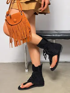 Women's Ankle Boots with Unique Fringe Design, Cowboy Cowgirl Boots, Western Ankle Boots, Available in Sizes 36-43, Round Toe Flat Heel, Lace-Up Style, Comfortable Booties