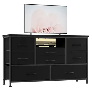 Black Dresser TV Stand with Power Outlet & LED Lights for 55'' TV，8 Drawers Entertainment Center, Fabric Chest of Drawers with Wood Top, TV Stands for Bedroom, Living Room