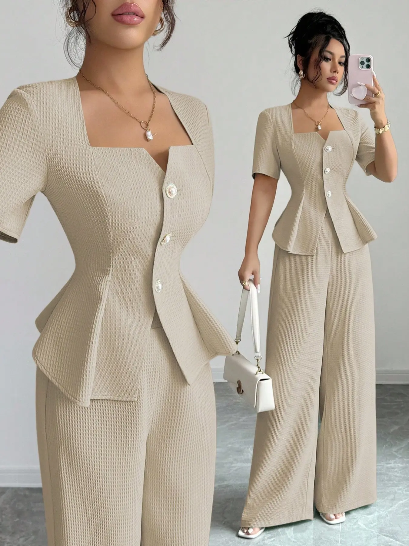 New French Chic Fashion for Women, Summer Spring Slimming Design, A-Line Square Neck Shirt + Wide Leg Straight Pants Trouser Set Suits Clothes