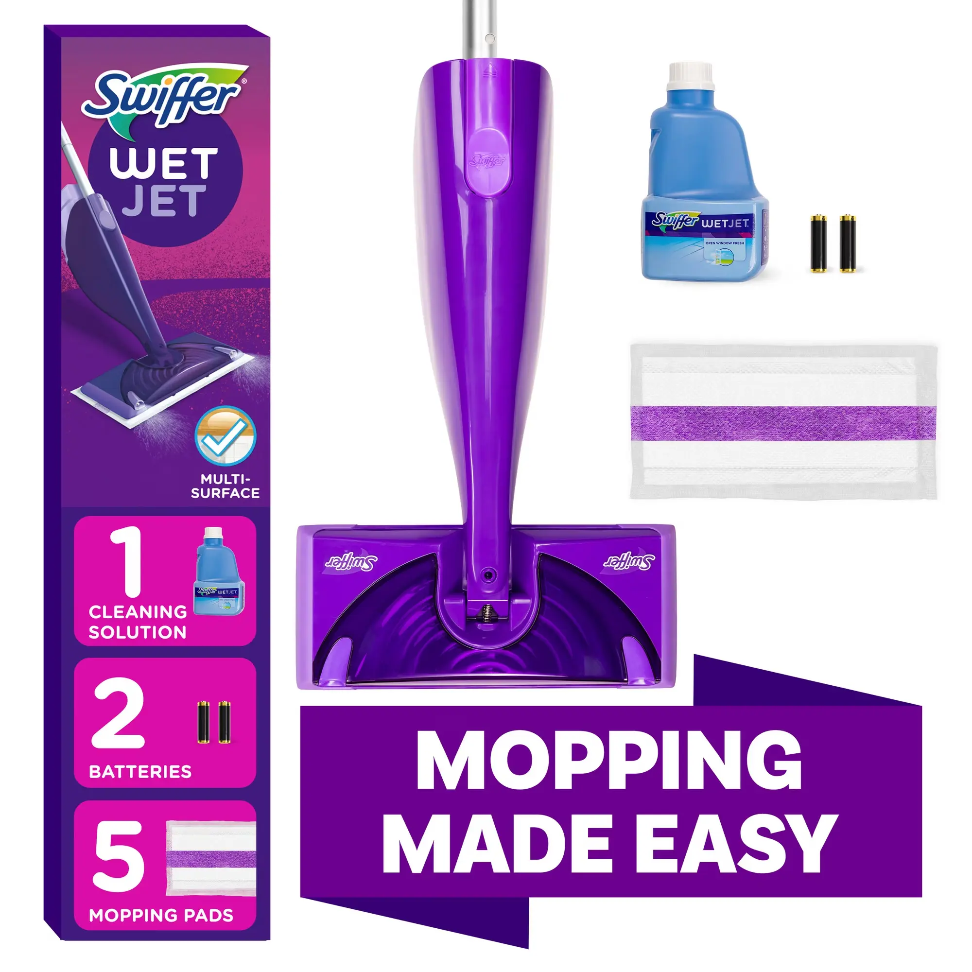 Spray Floor Mop with Refill Kit, Multi-Surface Floor Cleaner, 1 Handle, 1 Cleaning Solution, 5 Mop Pads & 2 Batteries, Unscented
