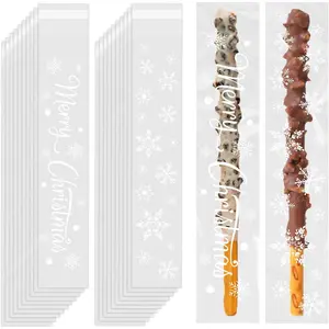 200 count Christmas Clear Pretzel Rod Bags,2 * 10inch Snowflake Self Sealing Cellophane Bags Xmas  Bag for Party Favors  Candies Cookies Pretzels Packaging