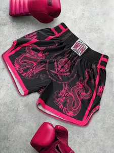 Men's Dragon Pattern Muay Thai Shorts, Y2K Street Style, Lightweight Gym Shorts, Streetwear Sports Shorts, Trendy Casual Fitness & Streetwear Bottoms