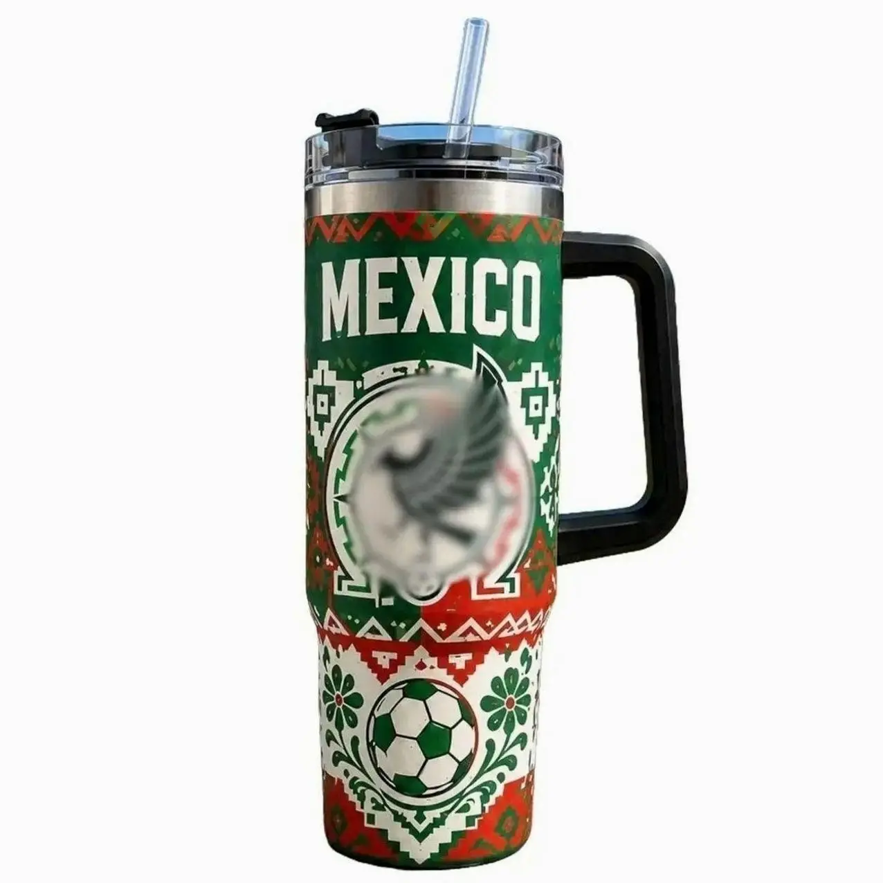 Mexican Football Pride Travel Tumbler 40oz Insulated Mug with Handle and Straw Double Wall Stainless Steel Vacuum Cup Patriotic Soccer Fan Gift Idea