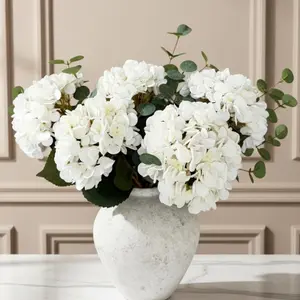 Real White Faux Hydrangea And Eucalyptus Arrangement, Faux Floral Arrangements, Realistic Artificial Flowers, White Centerpieces For Dining Coffee Table, 5 Heads + Greenery