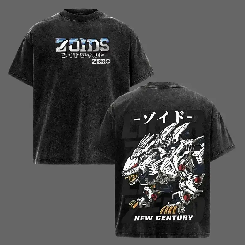 Men's Distressed Washed Grunge Vintage Short-Sleeve T-Shirt, Zoids Zero Vintage Liger Mecha Beast Comic Print Loose-Fit Cotton Short-Sleeve Top, Ideal for Urban Night Scenes, Outdoor Leisure and Gatherings
