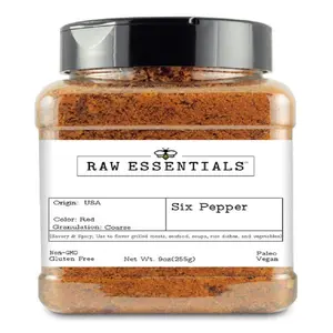 Raw Essentials Six Pepper Blend – Spicy & Savory Seasoning Mix – Bold Flavor with Guajillo Chile & Paprika – Perfect for Grilling, BBQ, Soups, Rice, Vegetables & More – Non-GMO, Gluten Free, Vegan, Paleo – 9 oz Bottle