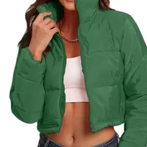 Green Puff Crop Jacket with Zipper Collared Drawstring and Pocket Women's Casual Fitted Long Sleeve Medium Length Coat in Polyester Material