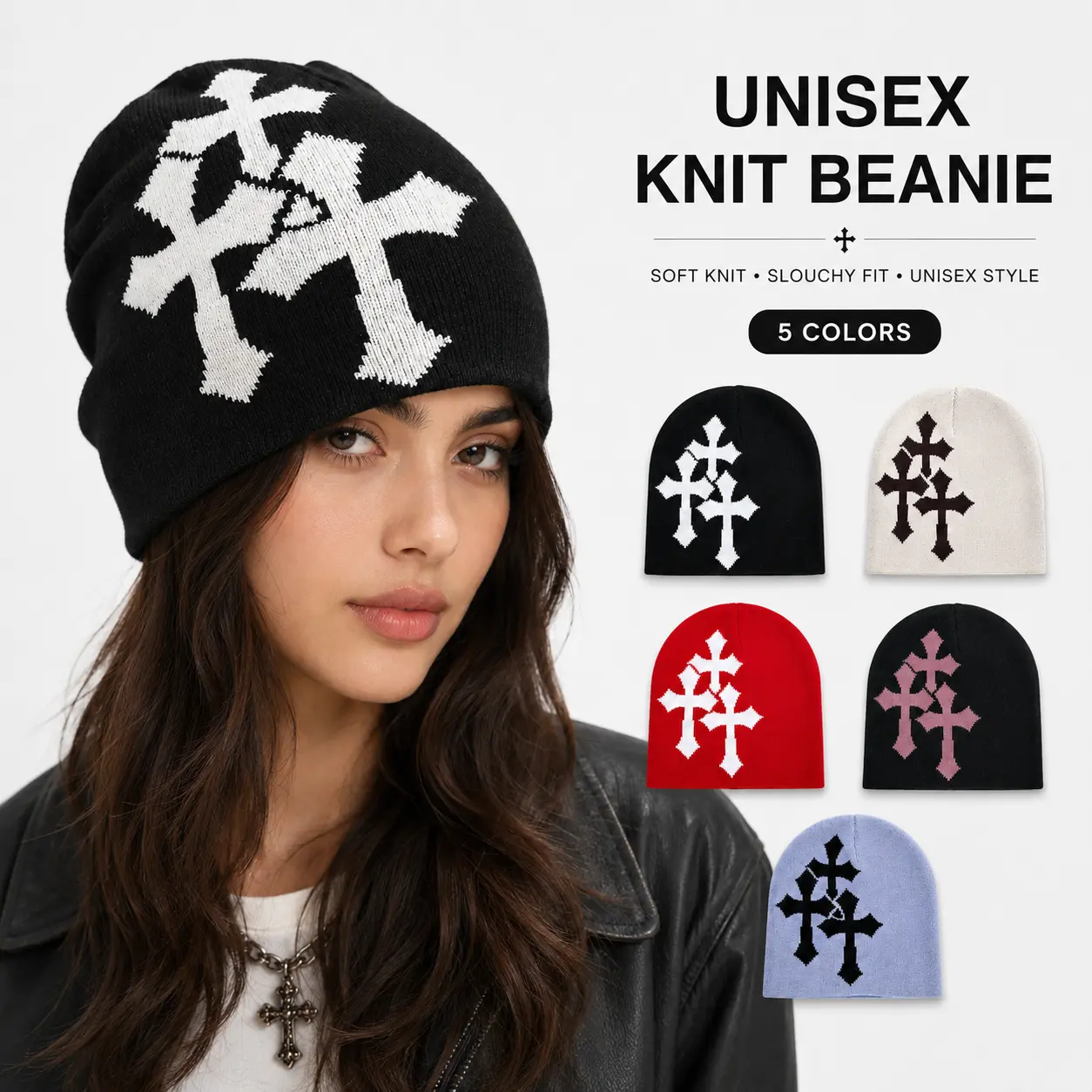 Y2K Gothic Cross Knit Beanie | Unisex Jacquard Hat for Daily & Outdoor