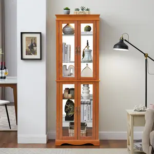 Lighted Display Cabinet Corner,Glass Curio Cabinet with Lights & Adjustable Shelves for Kitchen,Living Room,Office(Free Standing,Light Bulb Include)